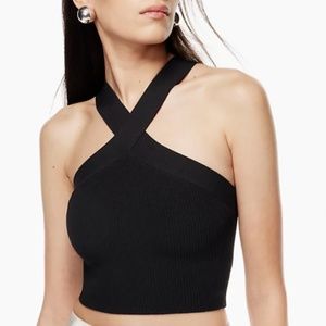 Aritzia Babaton Sculpt Knit Ribbed Criss Cross Cropped Tank Top black xxs/2xs